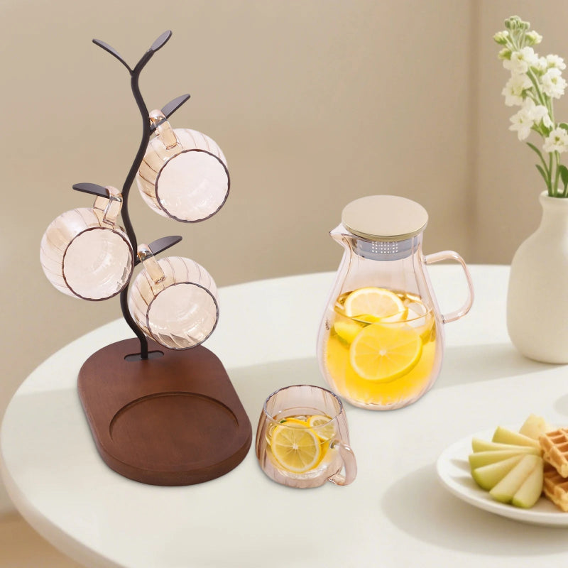 Modern Tabletop Borosilicate Glass Water Pitcher with 4 Cups Set