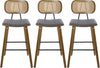 Mid Century Modern Counter Bar Stools Wood Leather Upholstered Set of 3