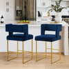 Modern Velvet Bar Stools with Square Open Backrest Gold Metal Frame
