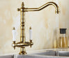 Antique Brass Kitchen Faucet Dual-Handle Retro Rotating Sink Mixer Tap